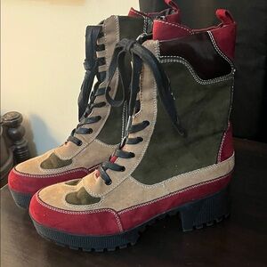Multi colored wedge combat boots sz 10